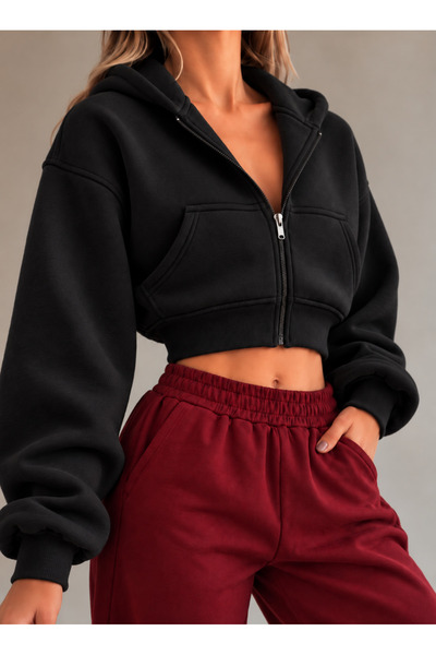 FAVORİST Women's Black Crop Zippered Hooded Cardigan with Double Pockets and ...