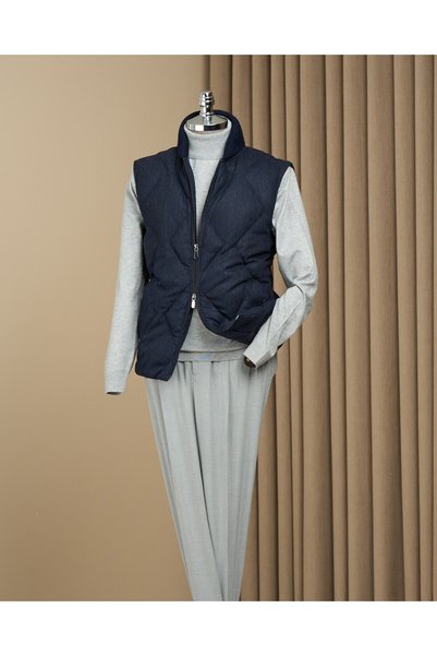 TerziAdemAltun Slim Fit Tricot Collar Side Pocket Quilted Zippered Vest Navy ...