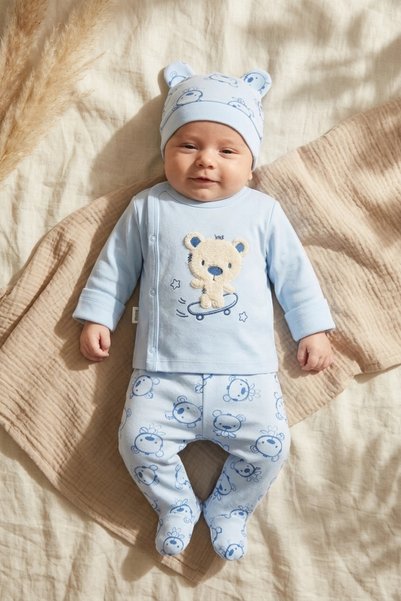 Babycan 3-Piece Baby Set - Ecru Bottom and Top Hat Set with Cotton Skater Bea...