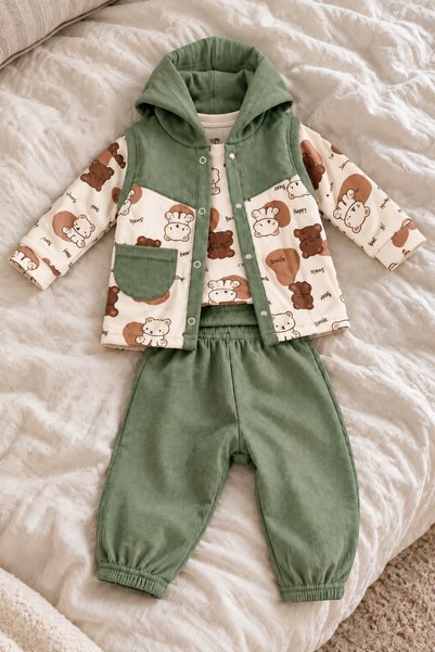 METEOR BABY Baby Boy Set Hooded Teddy Bear Patterned 3-Piece Set