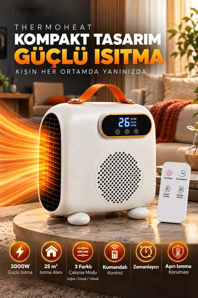 Merwish Elektrikli Fanlı Isıtıcı, 2000W, Kumandalı Dijital Termostatlı, 3 Modlu, Zaman Ayarlı Taşınabilir Isıtıcı
