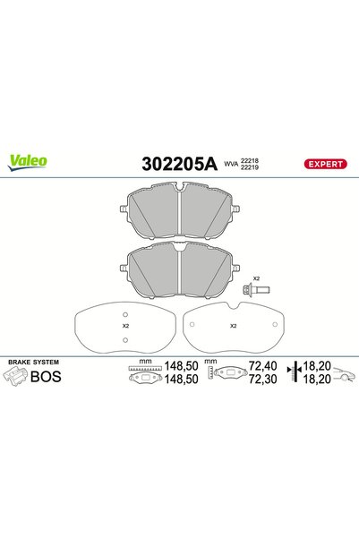 VALEO Σετ τακακιών φρένων, δισκόφρενο 302205A