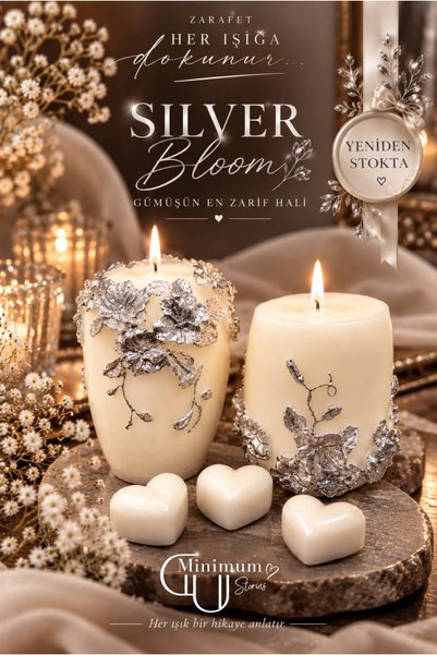 Minimum Stories Silver Bloom Vanilya Kokulu Çiçek Desenli Gold Baton 2'li Mum...