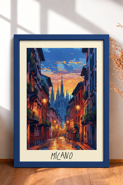 HOMEPACK Zalazak sunca u ulici Milana i katedrali uokvireno slikarstvo Italij...
