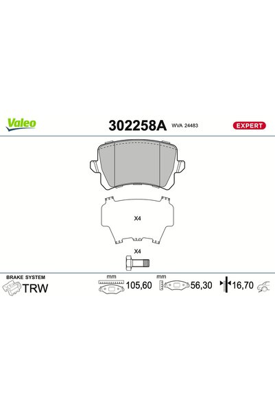VALEO Σετ τακακιών φρένων, δισκόφρενο 302258A