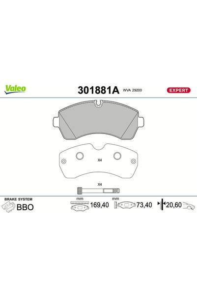 VALEO Σετ τακακιών φρένων, δισκόφρενο 301881A