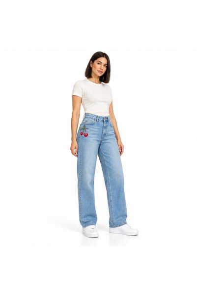 varioshop ®   Blugi drepți cu talie înaltă pentru femei, broderie cu cireșe, ...