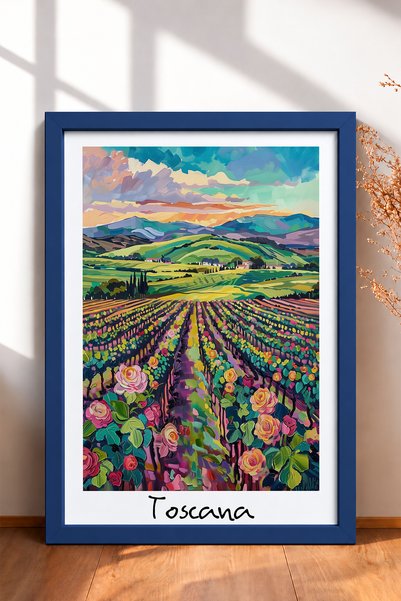 HOMEPACK Slikarstvo uokvireno vinogradima Toskane i šarenim ružama, poster It...