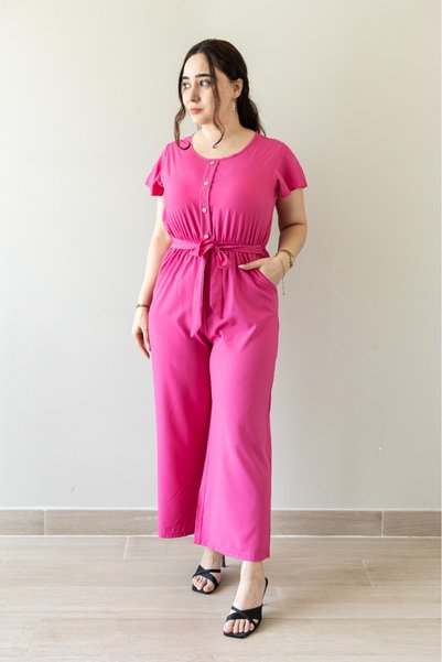 LINELLE Pink Solid Tie-Waist Wide-Leg Jumpsuit