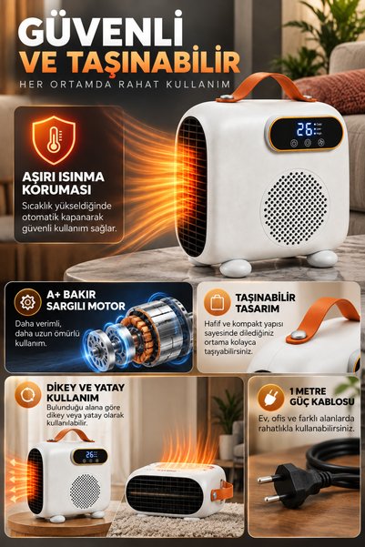 Merwish Elektrikli Fanlı Isıtıcı, 2000W, Kumandalı Dijital Termostatlı, 3 Modlu, Zaman Ayarlı Taşınabilir Isıtıcı