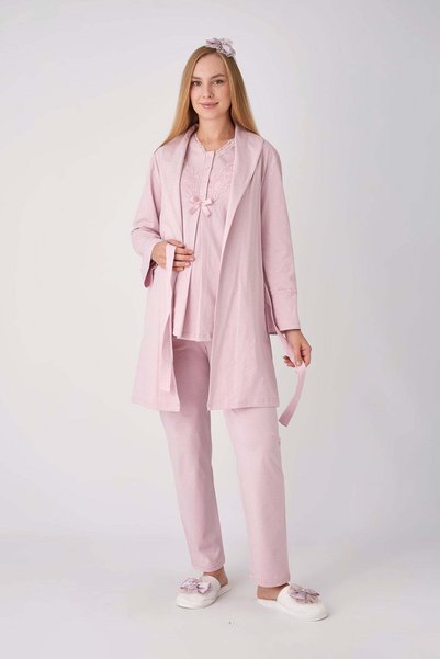 ERDENİZ TEKSTİL Maternity Pajamas and Dressing Gown Set 3-Piece Set Lace V-Ne...