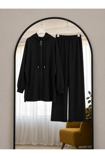 Hepsi Moda طقم بنطلون بسحاب وقلنسوة - 8189 - أسود