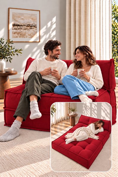 Homedius Mocca Teddy Buklet Dekoratif Yataklı Koltuk Çift Kişilik - Kırmızı