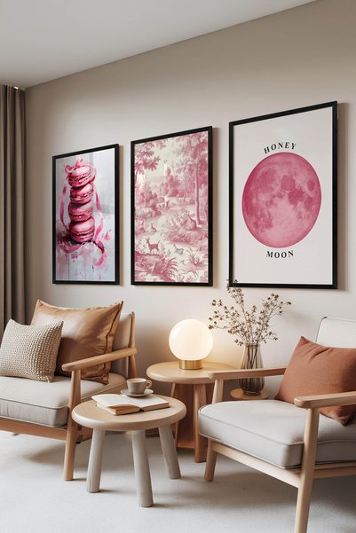 Zestia Set de 3 tablouri cu ramă neagră, Toile Macaron roz, decorațiune de pe...