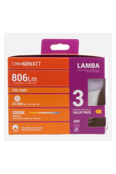 Lamba Set 3 Becuri LED E27 7.3W (A60) – Lumină Caldă, 810 lm – Durată 25.000 ore