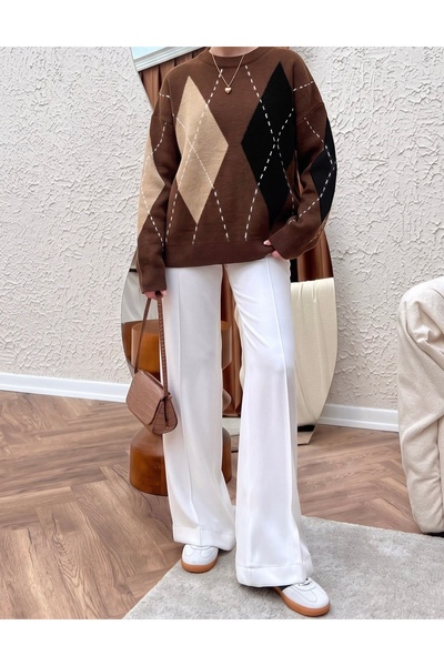 hiraz fashion سترة طويلة نسائية من التريكو بنقشة البقلاوة باللون البني