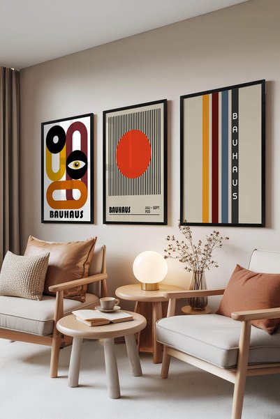 Zestia Set de 3 tablouri cu rame negre, modele retro în stil Bauhaus, decor d...