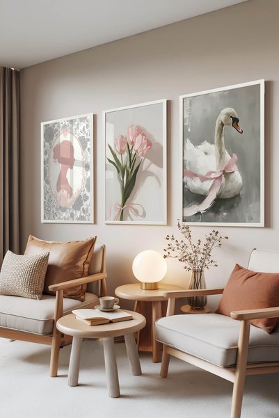Zestia Set de 3 tablouri cu rame albe, stil romantic vintage roz, decor de pe...
