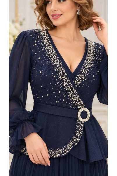 Velora Dresses فستان ملكي بي اللون الكحلي مطرز