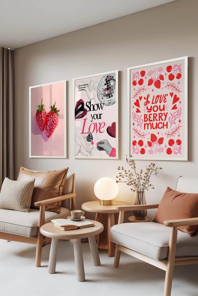 Zestia Set of 3 Paintings with White Frames, Strawberry Love Patterns, Living...