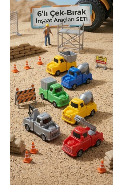 Bulduk TOYS 6'Lı Çek Bırak İnşaat Araçları İş Makineleri Şantiye Araçları Oyu...
