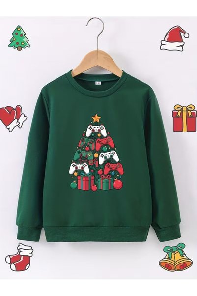 WOODROFFE Children's New Year's Printed Green 3-Strand Crew Neck Sweatshirt