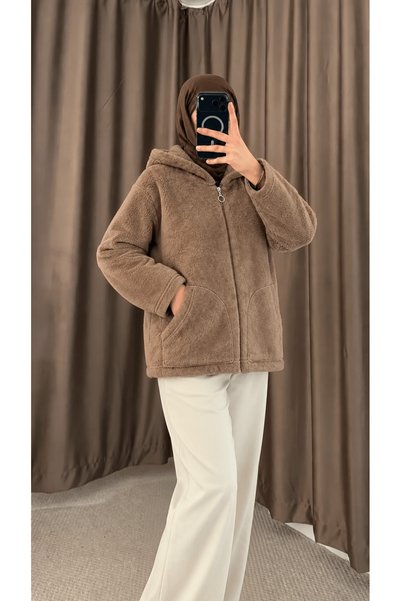 Hepsi Moda جاكيت فيلسوفت بسحاب وغطاء رأس - بيج