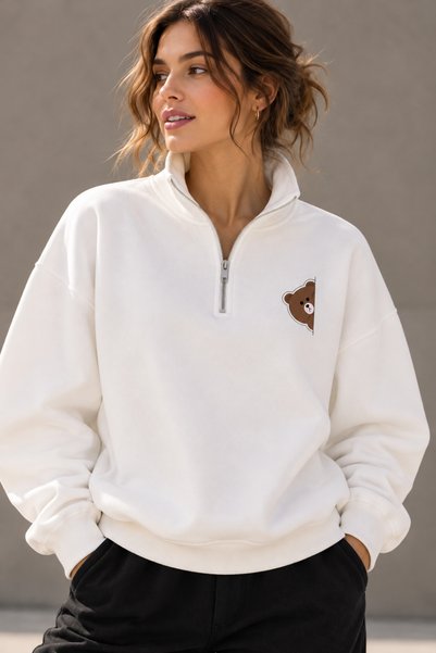 Jooy Cute Bear-Printed Half-Zip Sweatshirt with a Stand-Up Collar.