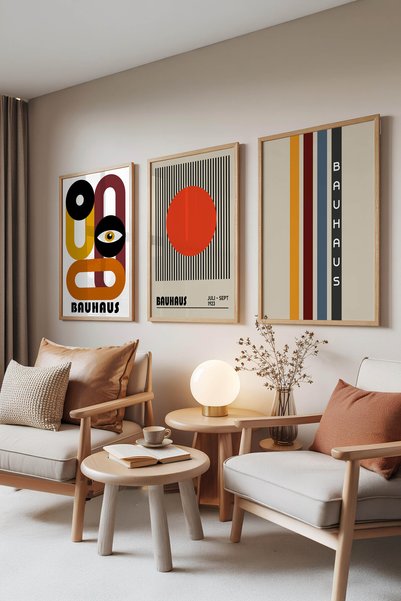 Zestia Set de 3 tablouri cu rame din lemn, modele cu model retro în stil Bauh...
