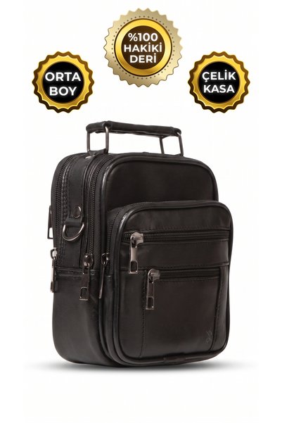 Esvelans Men's Black Steel Case Genuine Leather Hand and Shoulder Bag Medium ...