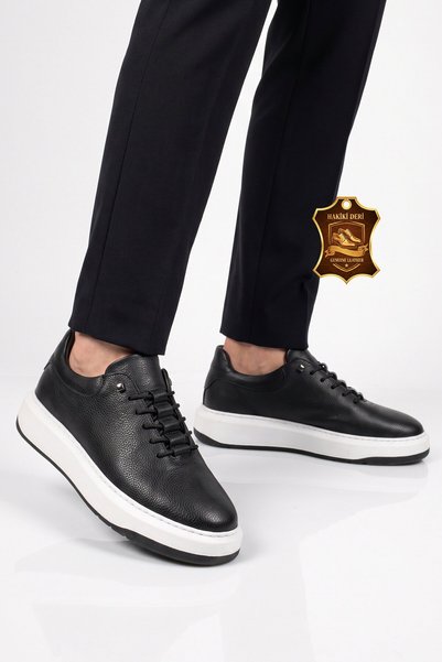 AYAKMOD Stylish Comfortable Black-White Genuine Leather Men's Casual Sneaker ...
