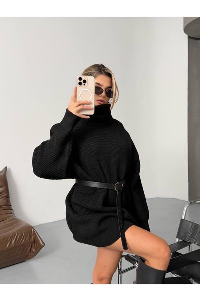 hiraz fashion Women's Black Long Fishneck Tricot Sweater