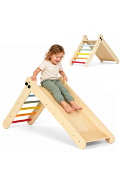 Ecotoys Дървено детско игрово поле за катерене Монтесори стълба с рампа HENRY