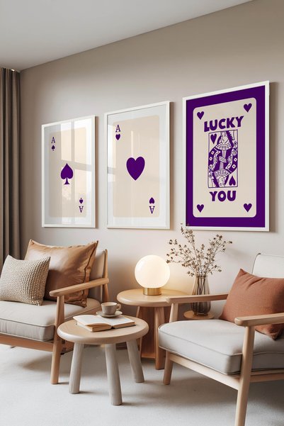 Zestia Set de 3 tablouri cu rame albe, Lucky You Violet, decorațiune de peret...