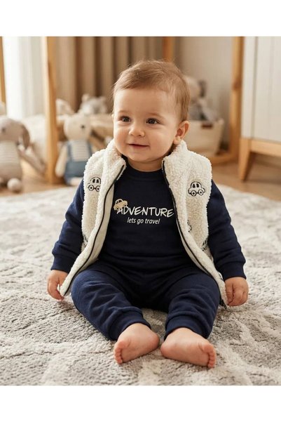 bomlo 6-24 Months Baby Boy Winter 3-Piece Set – Plush Vest, Sweatshirt and Sweatpants Winter Baby Boy Set