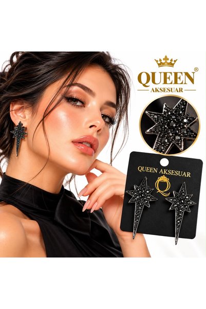 QUEEN AKSESUAR Black-Tailed Polar Star Crystal Stone Long Stud Earrings Spark...