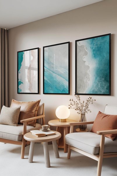 Zestia Set de 3 tablouri cu ramă neagră, „Marea turcoaz” – abstract, decor de...
