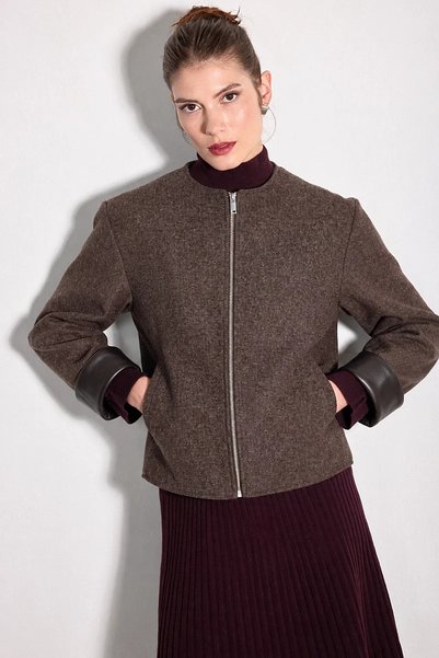 Gusto Leather Detailed Zippered Wool Jacket - Brown