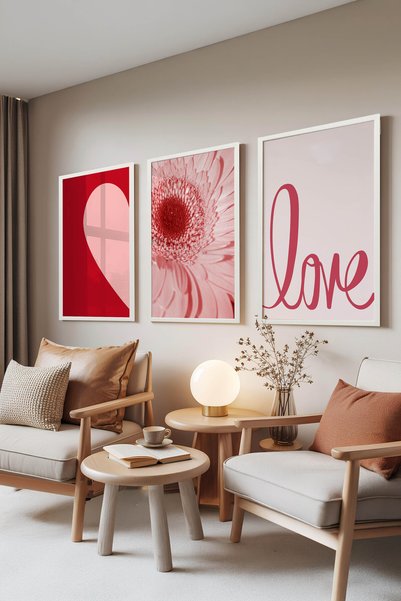 Zestia Σετ 3 πινάκων με λευκά πλαίσια, «Red Love», διακόσμηση τοίχου σαλονιού...