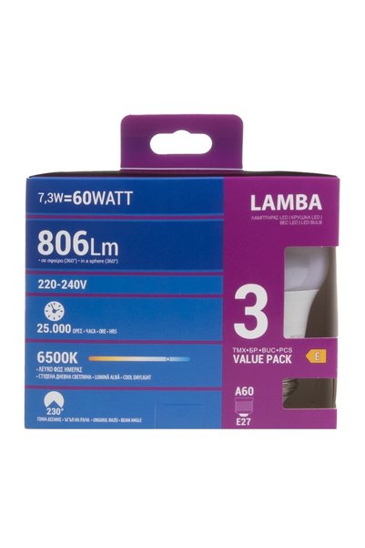 Lamba Becuri LED E27 7.3W (A60) Lumină Albă De Zi – 3 buc, 806 lm – Durată 25...
