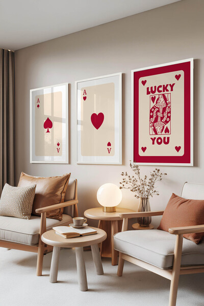 Zestia Set de 3 tablouri cu ramă albă, Lucky You Roșu, Decor de perete pentru...