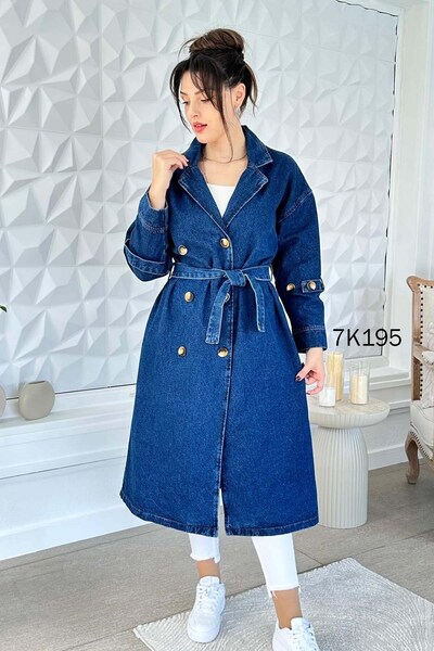 İnce Topuk Buttoned Long Denim Trench Coat 7K195