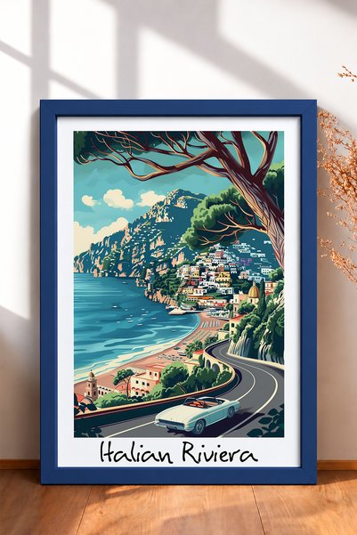 HOMEPACK Poster sa okvirom Italijanske Rivijere i klasičnog automobila sa otv...
