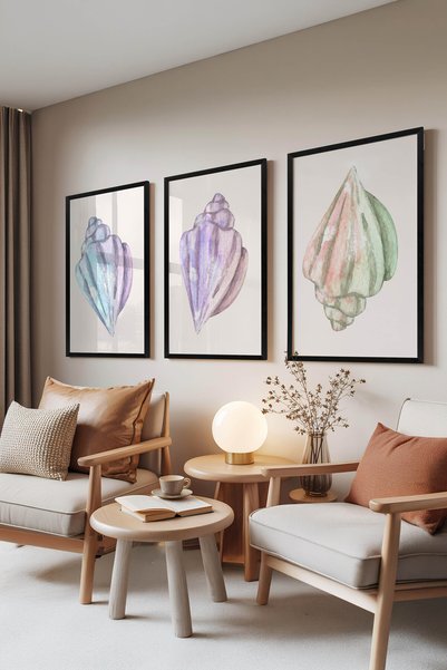 Zestia Set de 3 tablouri cu ramă neagră, scoici în culori pastelate, decor de...