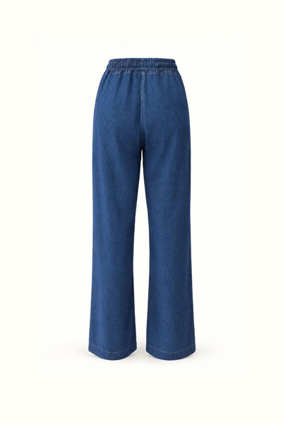 Sezgi Tekin Navy Blue Denim Pants with Elastic Waistband and Wide Legs.