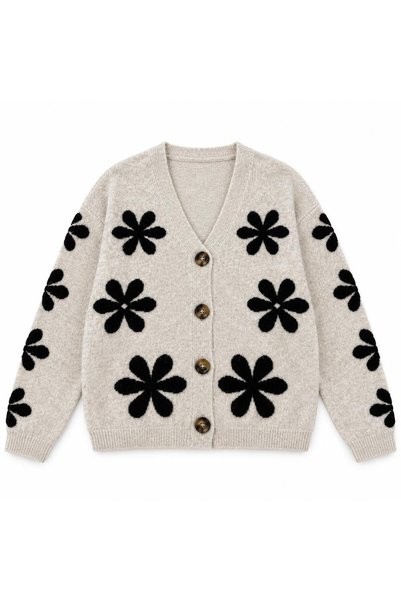 ZEHRA Women's Beige and Black Daisy-Patterned Knit Cardigan with Buttons.