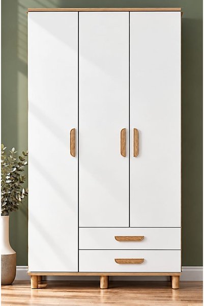 Noiss Home Decor Çağla Beyaz 3 Kapaklı Gardırop Raflı Askılıklı Yatak Odası E...
