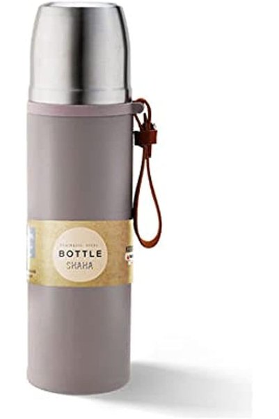 Generic Stainless Steel Vacuum Bottle With Leather Handle, 450Ml, Grey