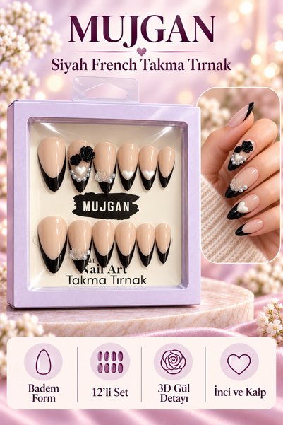 MUJGAN 12’li Badem Takma Tırnak Seti Parlak ve Taş Detaylı