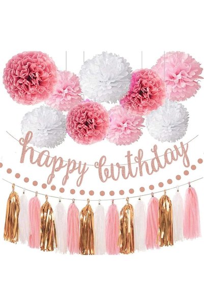 Generic Pink Rose Gold Birthday Party Decorations Set, Rose Gold Glittery Hap...